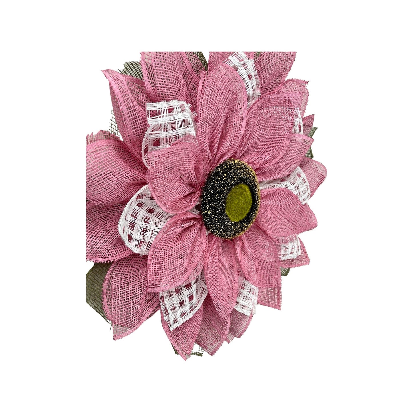 Flat pink and white flower wreath, flower wreath poly burlap, flower wreath front door, screen door flower wreath, pink and white checked