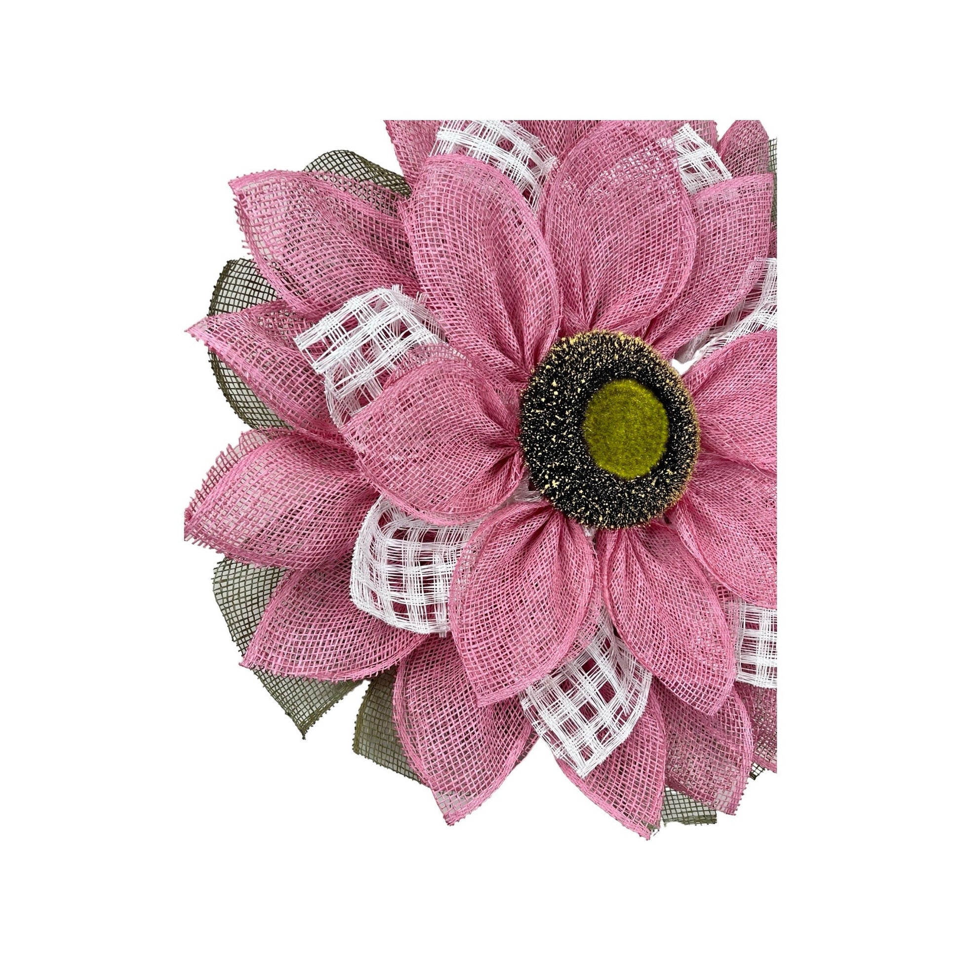 Flat pink and white flower wreath, flower wreath poly burlap, flower wreath front door, screen door flower wreath, pink and white checked