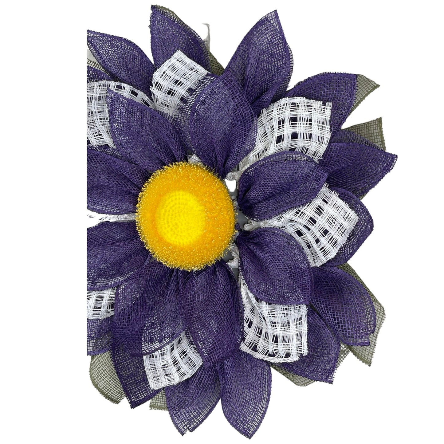 Flat purple and white flower wreath, flower wreath poly burlap, flower wreath front door, purple and white screen door flower wreath