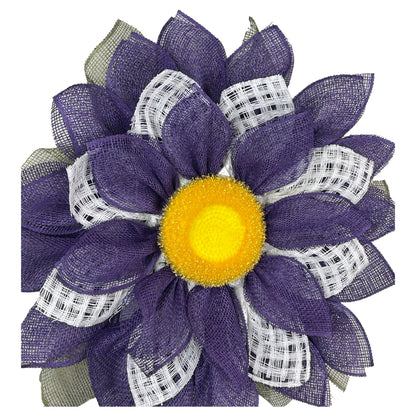 Flat purple and white flower wreath, flower wreath poly burlap, flower wreath front door, purple and white screen door flower wreath