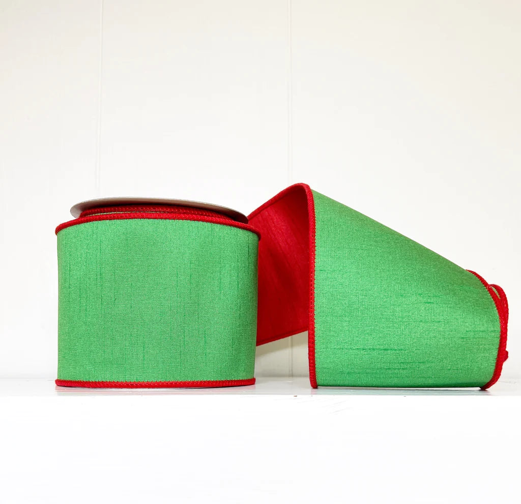 Green & Red Dupioni Double Fused Double-Sided Wired Luxury Ribbon 4" x 10Y