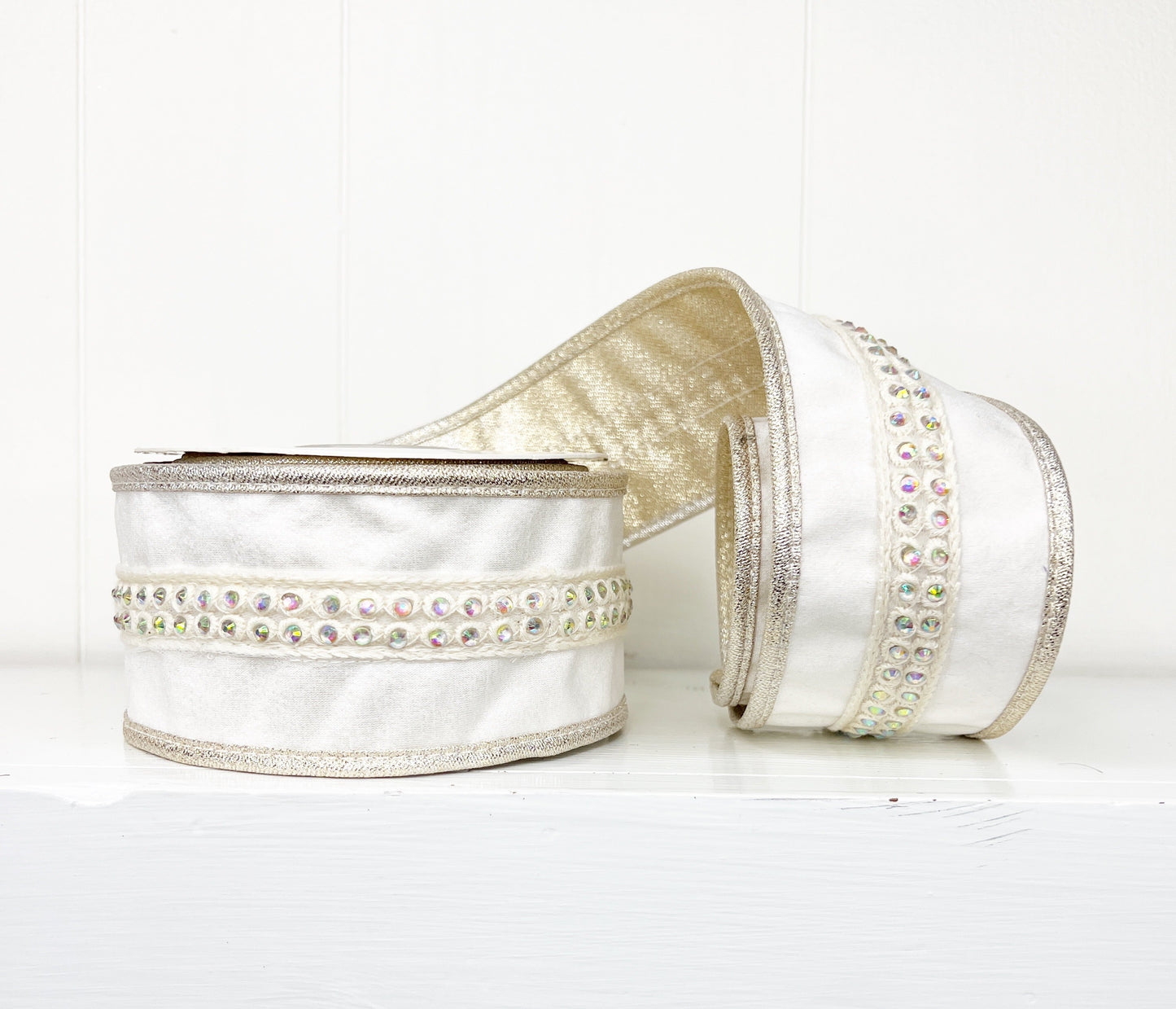 Ivory Jewel Trim on Dupioni Iridescent Backing and Iridescent Piping Wired Luxury Ribbon 2.5" x 5YD