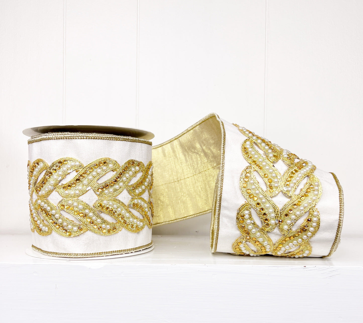Ivory Pearl and Gold Gem Encrusted Patterned Trim Gold Metallic Dupion Backing Wired Luxury Ribbon 4" x 5YD