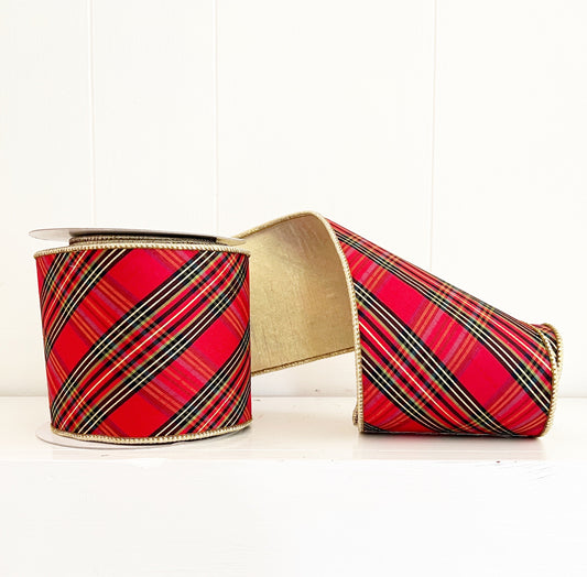 Luxury Designer Red Metallic Tartan Gold Double Fused Double Sided Wired Luxury Ribbon 4" x 5YD
