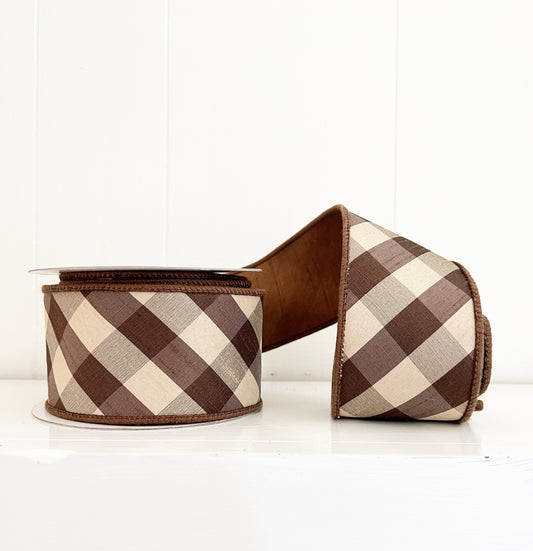 Brown Bias Cut Aspen Checks Dupioni Double Fused Double Sided Wired Luxury Ribbon 2.5" x 5Y