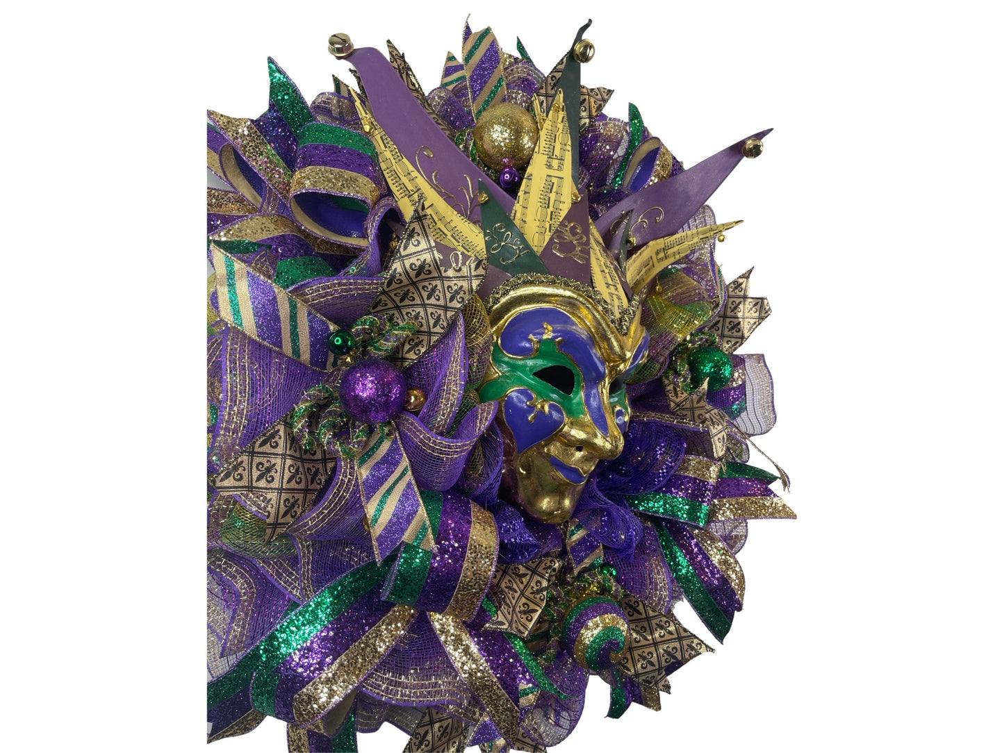 large Mardi Gras festival mask wreath, glittery NOLA wreath for front door, purple green and gold New Orleans wreath