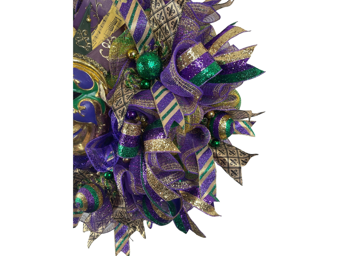 large Mardi Gras festival mask wreath, glittery NOLA wreath for front door, purple green and gold New Orleans wreath