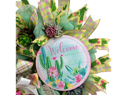 charming vibrant cactus and succulent front door wreath, desert themed welcome wreath, wreath for western home