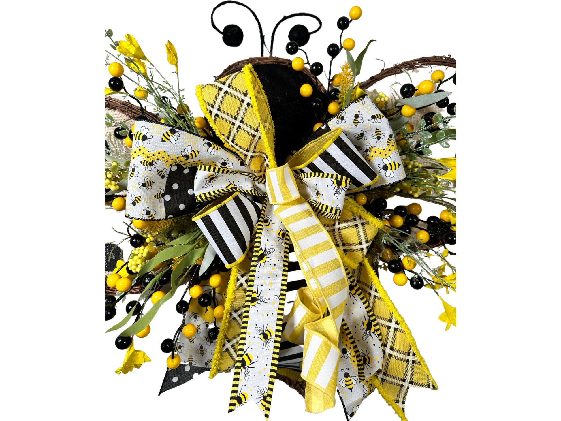 floral grapevine bee front door wreath, bee kitchen wreath, burlap honey bee wall art
