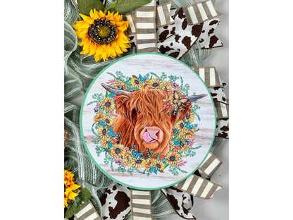 farmhouse rustic sunflower highland cow screen door wreath, summer fun farm animal thin front door wreath
