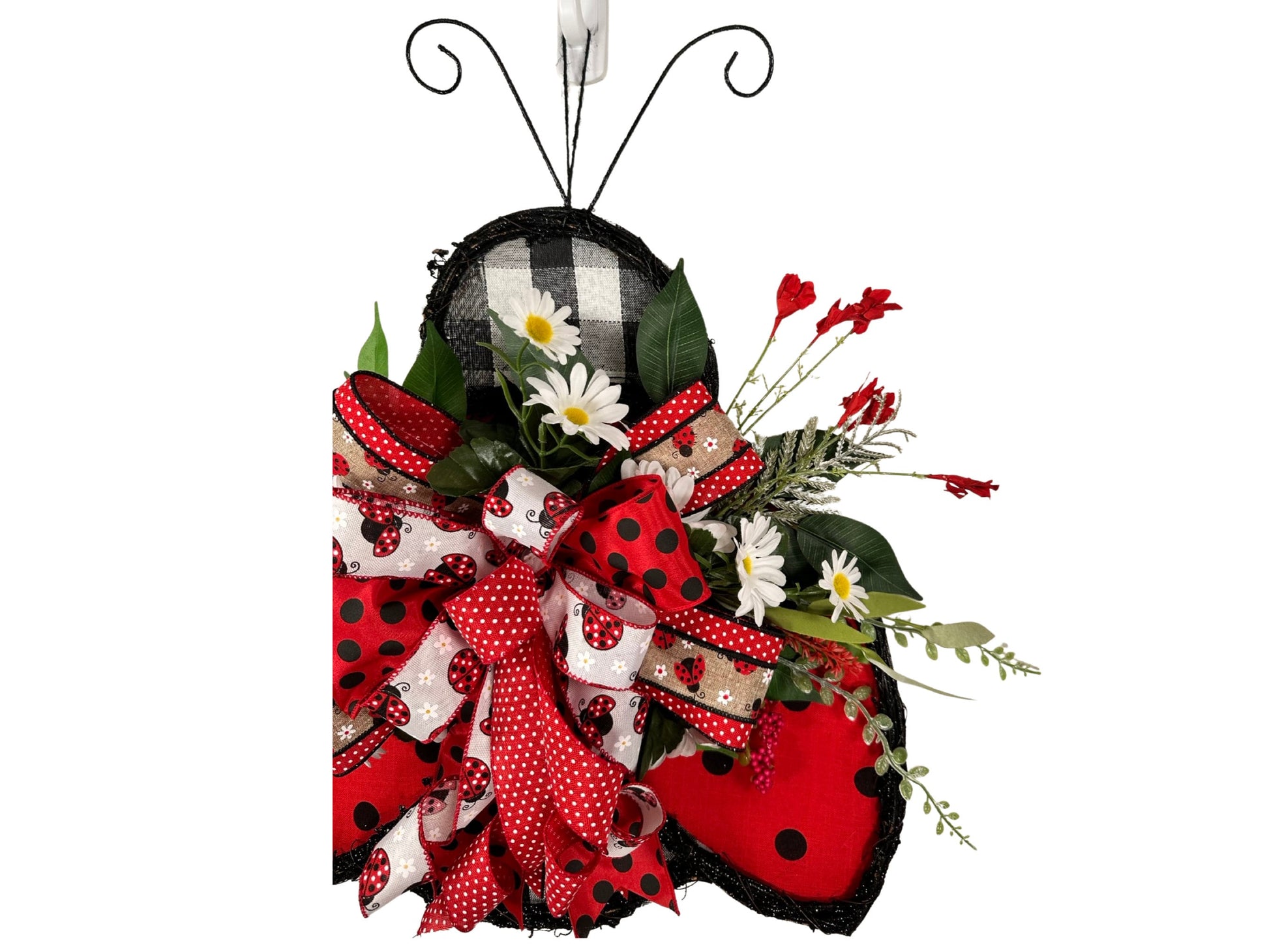 floral grapevine ladybug front door wreath, ladybug kitchen wreath, burlap ladybug wall art
