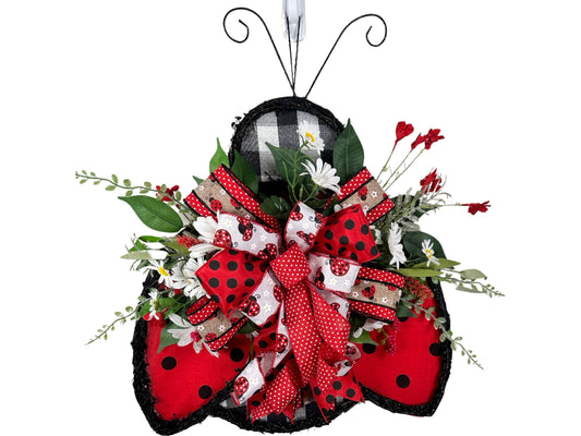 floral grapevine ladybug front door wreath, ladybug kitchen wreath, burlap ladybug wall art