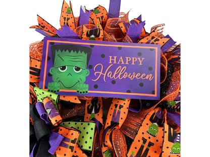 Happy Halloween Frankie monster green and orange front door wreath
