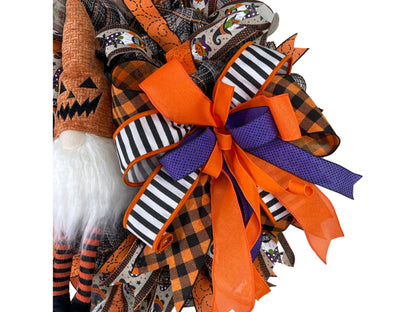Halloween witch gnome wreath, orange and black Halloween wreath, October 31 wreath with plush jack-0-lantern gnome witch