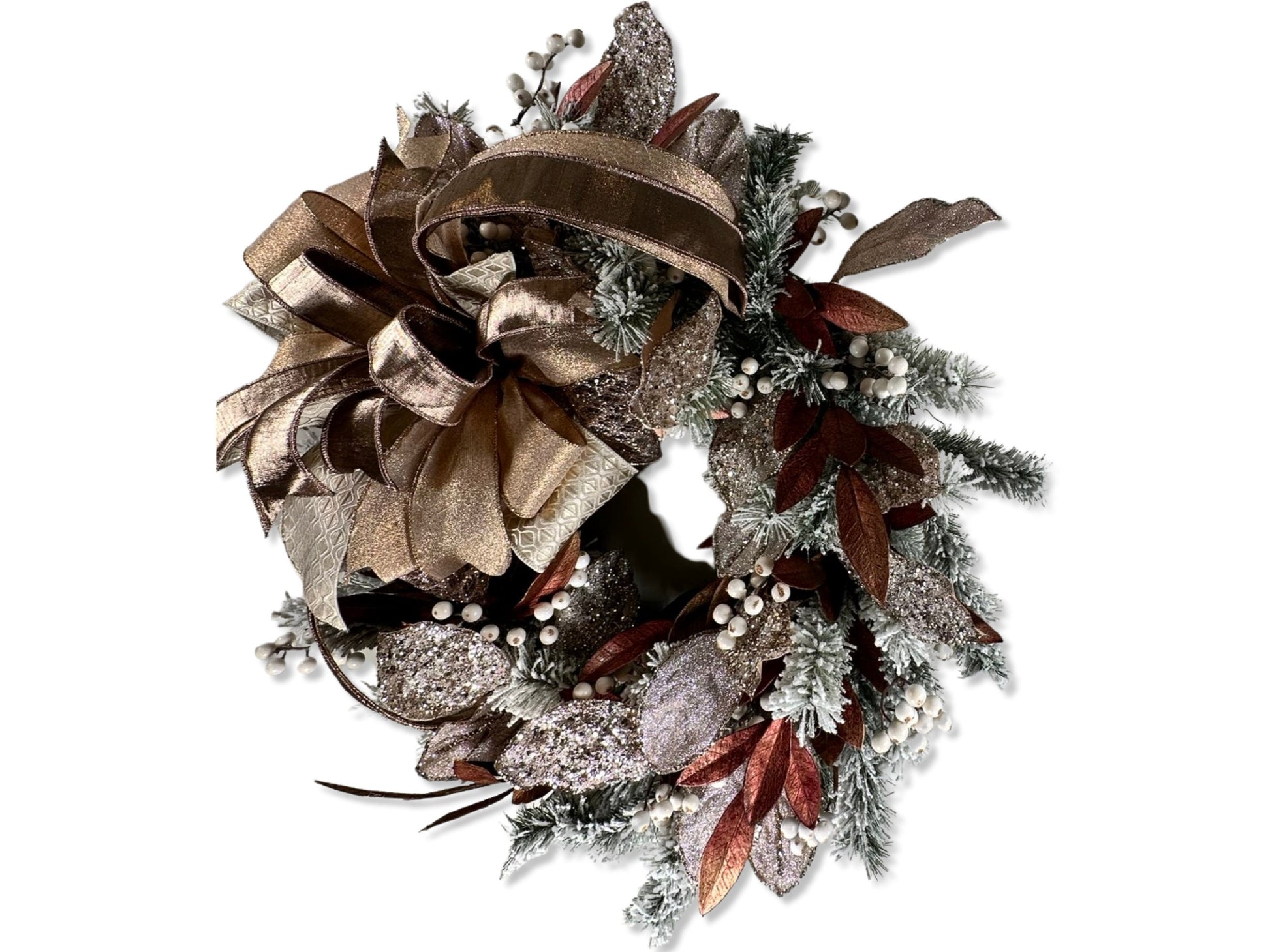elegant glamorous champagne colored winter front door wreath, wreath for December, wreath for January