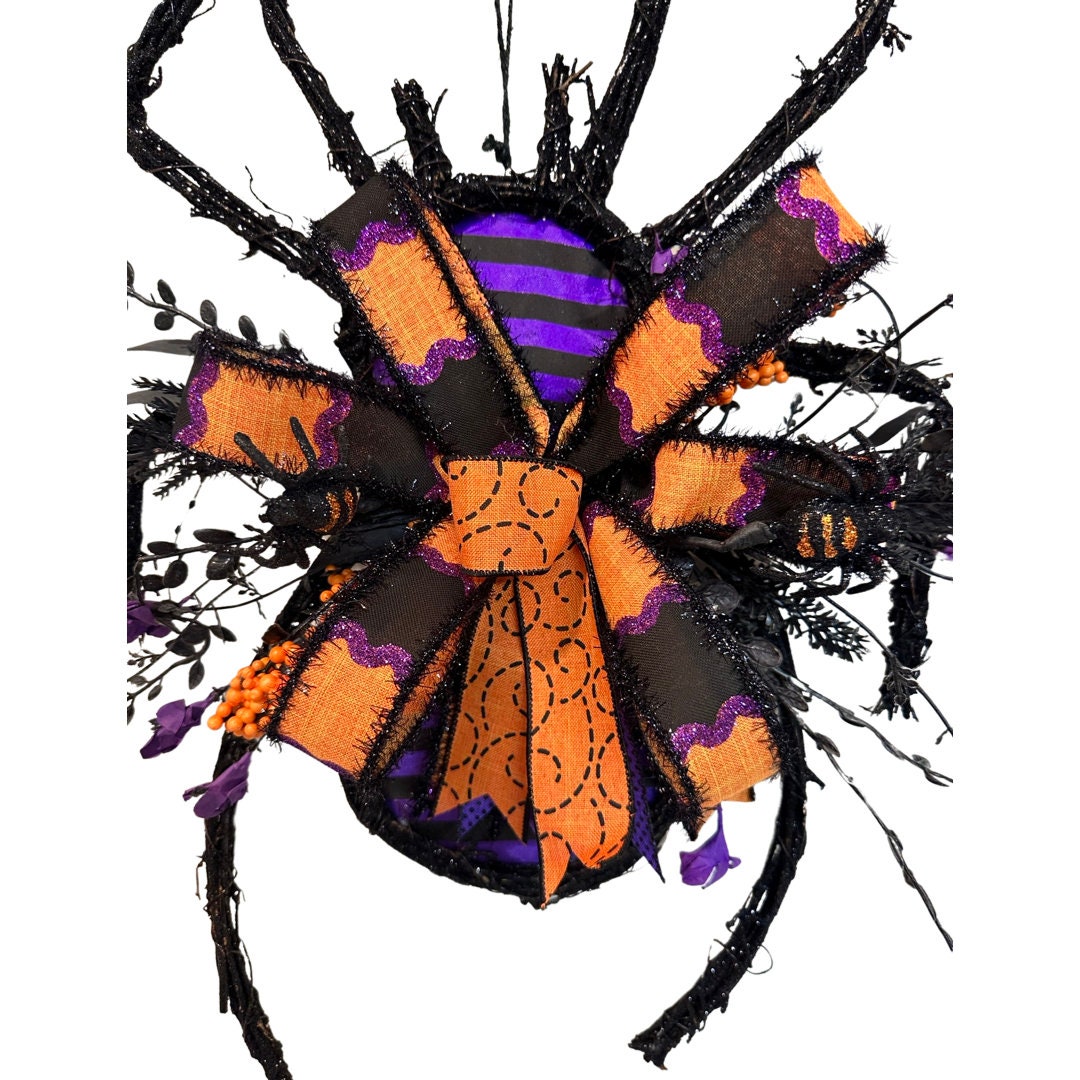 orange and purple gothic spider screen door Halloween wreath, grapevine spooky spider front door wreath