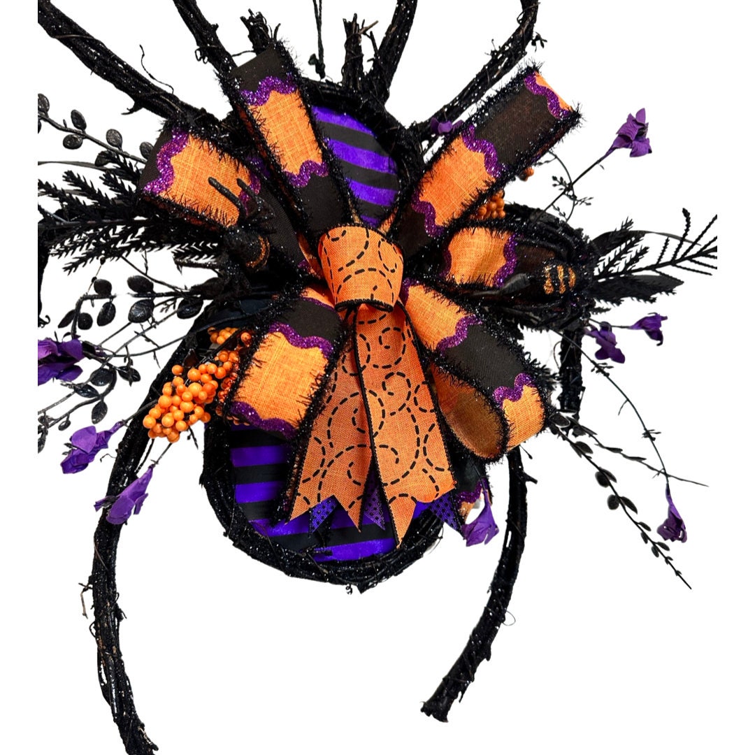 orange and purple gothic spider screen door Halloween wreath, grapevine spooky spider front door wreath