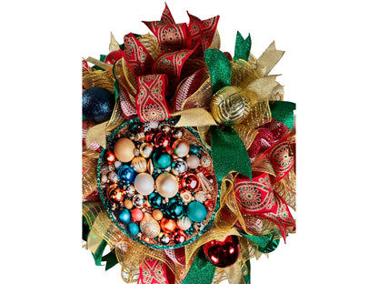 vibrant colorful Christmas ornament themed front door wreath, wreath for December, wreath for Christmas