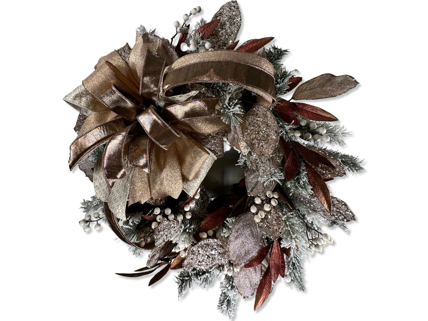 elegant glamorous champagne colored winter front door wreath, wreath for December, wreath for January