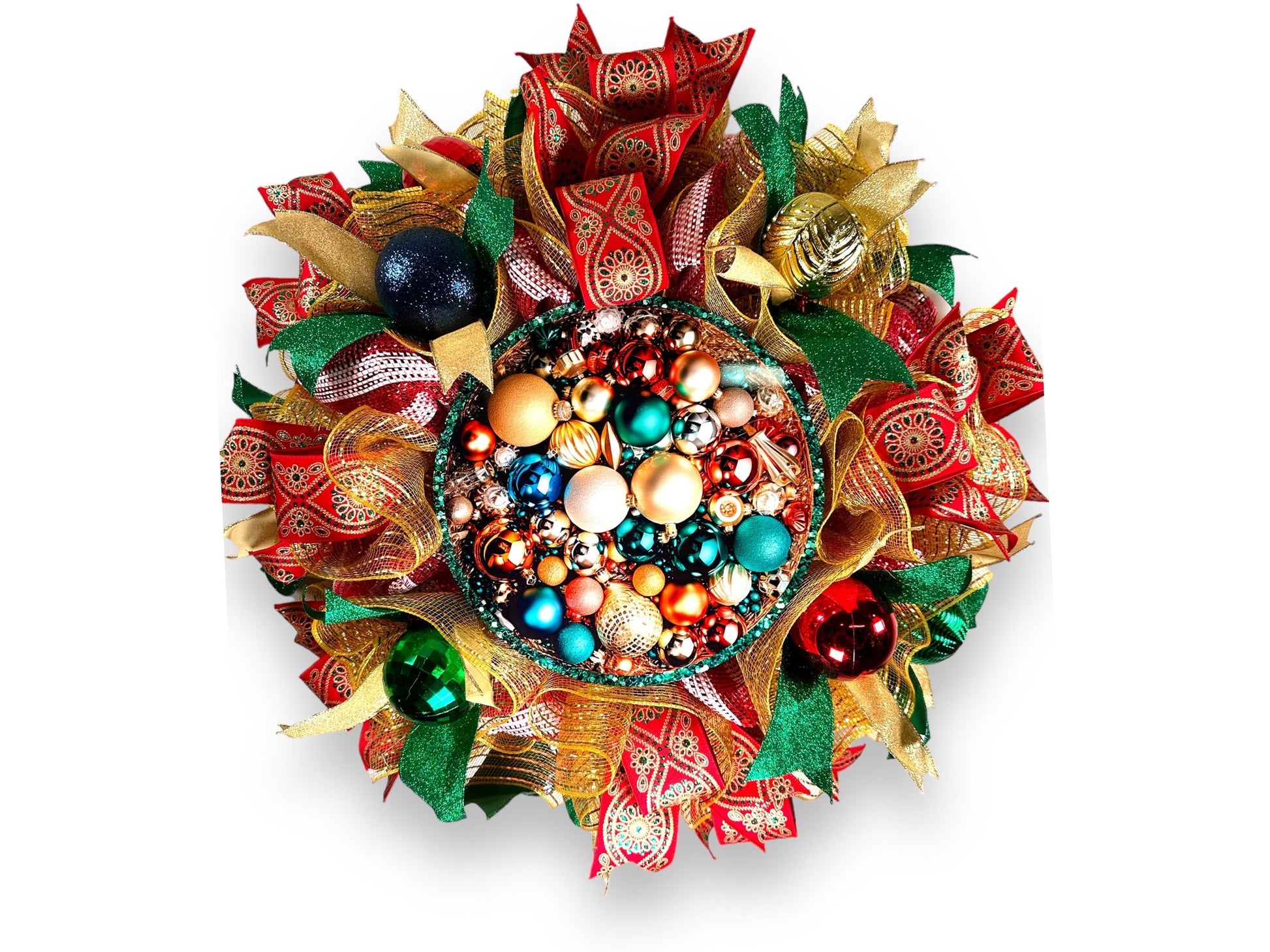 vibrant colorful Christmas ornament themed front door wreath, wreath for December, wreath for Christmas