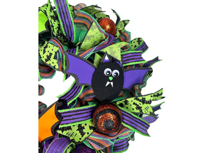 fun colorful Halloween bats front door wreath, custom Halloween wreath for front porch, Halloween party decoration, wreath for October