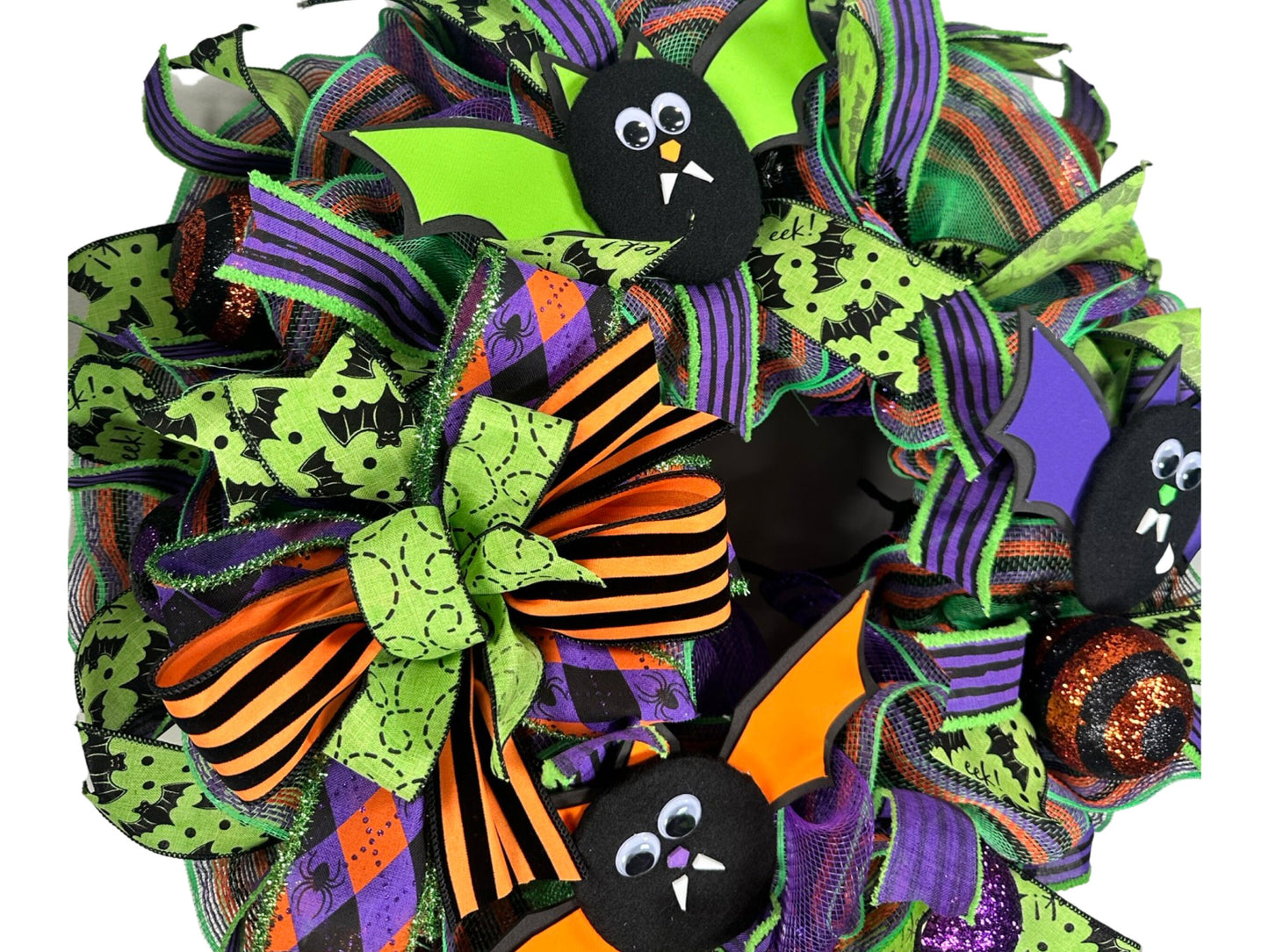 fun colorful Halloween bats front door wreath, custom Halloween wreath for front porch, Halloween party decoration, wreath for October