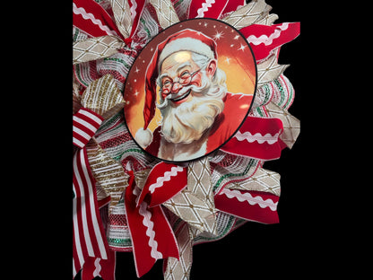 traditional red and white jolly Santa Claus wreath for screen door, wreath for December, wreath for Christmas
