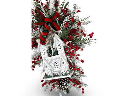 Farmhouse country Christmas swag with lighted Church and red florals, wreath for Christmas, wreath for winter, wreath for December