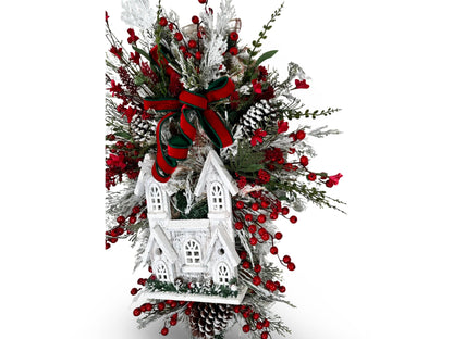 Farmhouse country Christmas swag with lighted Church and red florals, wreath for Christmas, wreath for winter, wreath for December