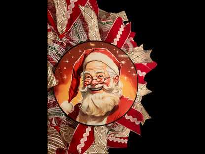 traditional red and white jolly Santa Claus wreath for screen door, wreath for December, wreath for Christmas