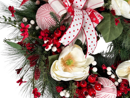 country farmhouse magnolia Christmas grapevine wreath, wreath for December, wreath for Christmas
