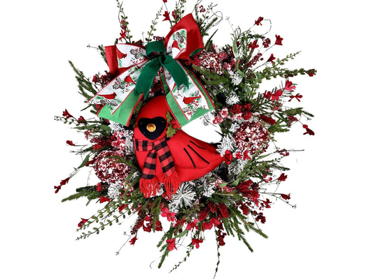 festive red cardinal Christmas wreath with luxury ribbon, red florals and vibrant cedar greenery, Christmas gift for new homeowner