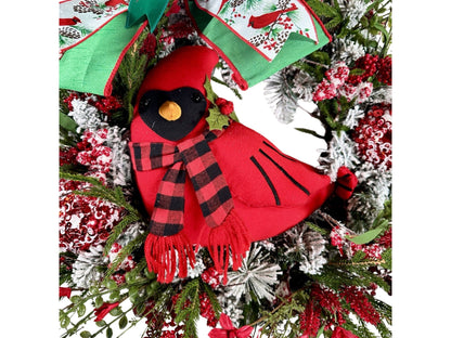 festive red cardinal Christmas wreath with luxury ribbon, red florals and vibrant cedar greenery, Christmas gift for new homeowner