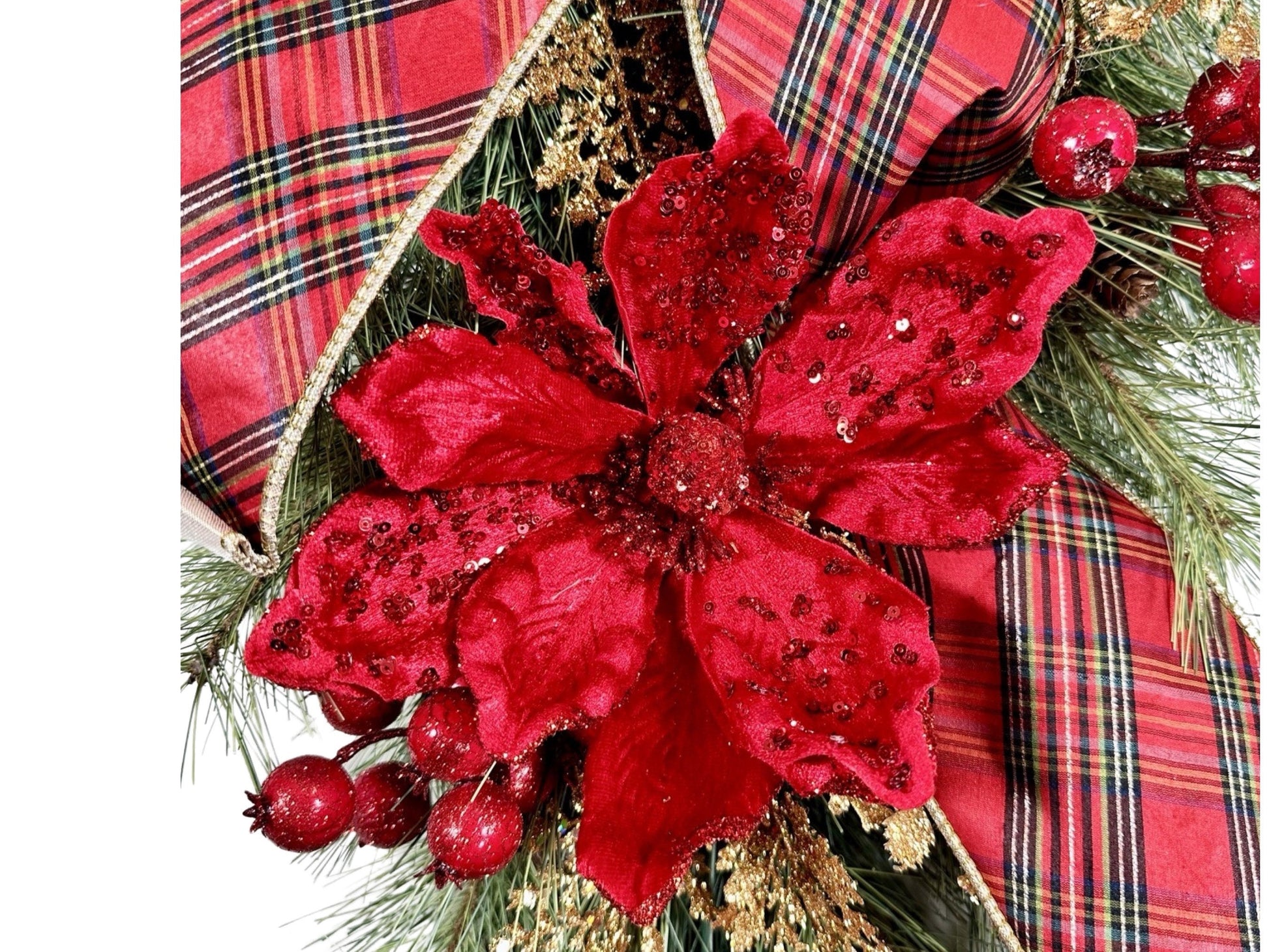 traditional red and gold Christmas swag with glittery jewel encrusted poinsettias and luxury ribbon, swag for December