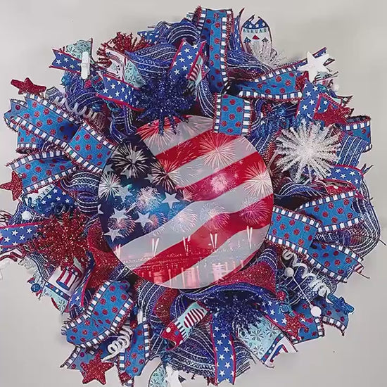 glitz and glam 4th of July patriotic front door decoration, American flag fireworks front porch wreath