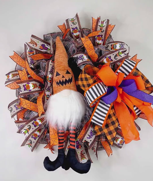 Spooky Beware Halloween wreath with staring eyes, green and orange eyes beware Halloween wreath