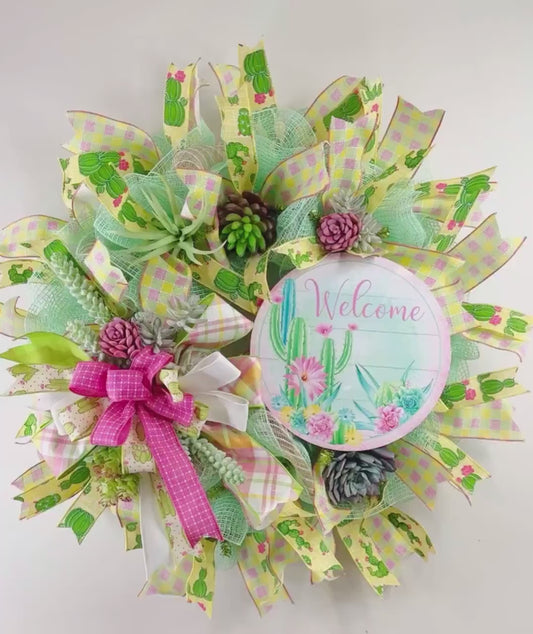charming vibrant cactus and succulent front door wreath, desert themed welcome wreath, wreath for western home