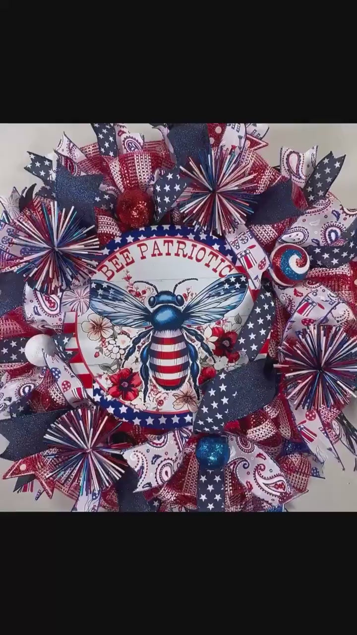 red, white and blue patriotic bumble bee porch decoration, stars and stripes paisley 4th of July front door wreath