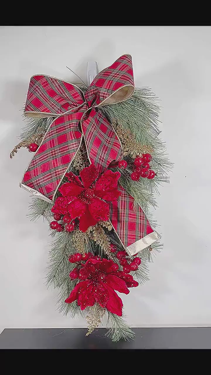 Rustic elegant evergreen poinsettia sway, plaid tartan traditional front door wreath