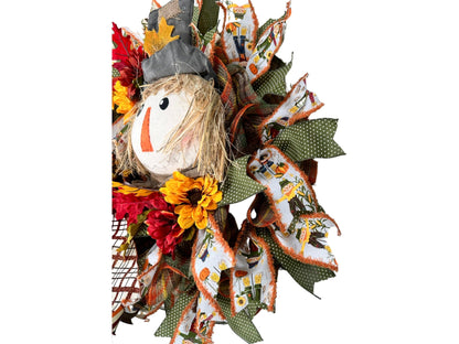 floral fall primitive scarecrow face wreath for September, rustic falling leaves scarecrow front door decor