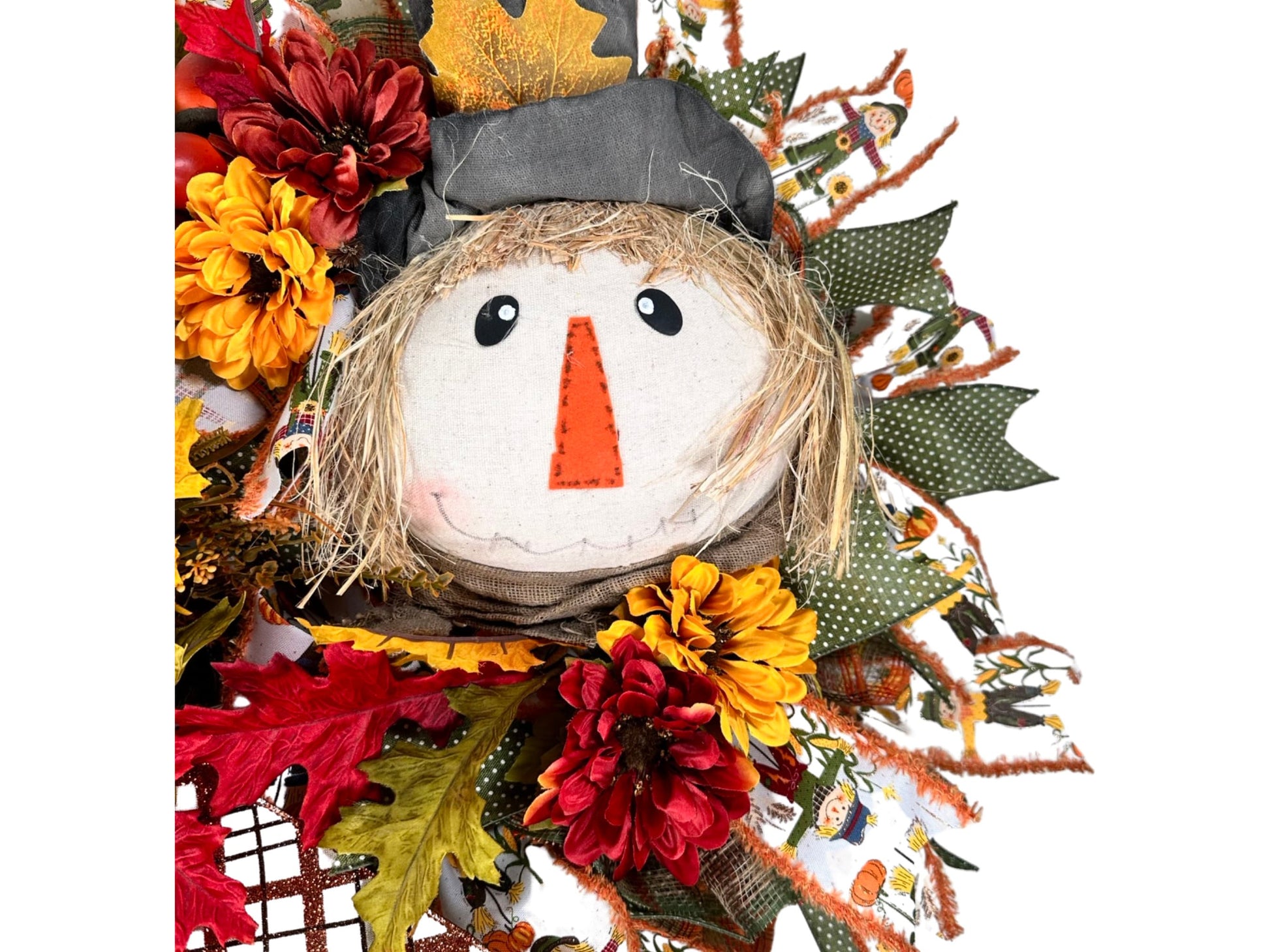 floral fall primitive scarecrow face wreath for September, rustic falling leaves scarecrow front door decor