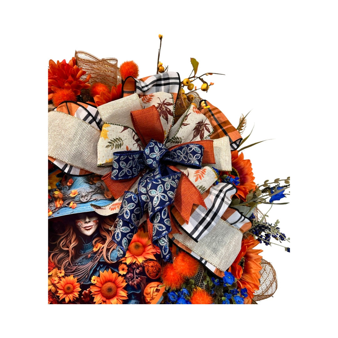 blue and orange floral witch fall and halloween wreath
